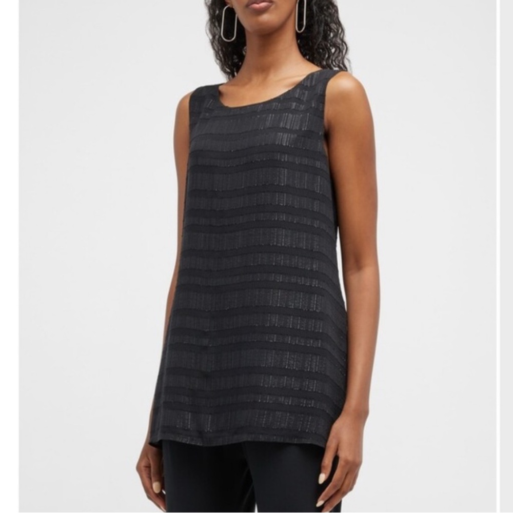 Eileen Fisher Black Sleeveless Silk Blend Tunic with Subtle Stripes Sz.L